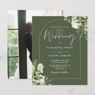 Budget Olive Green Floral Photo Wedding Invite