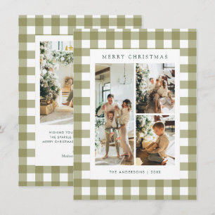 Budget Olive Green Gingham Plaid 4 Photo Christmas Holiday Card