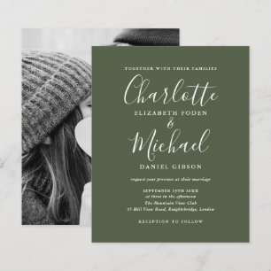 Budget Olive Green Script Photo Wedding Invitation