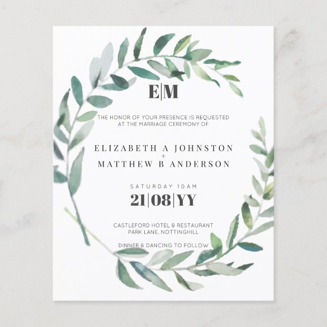 Budget Olive Leaves Typography Wedding Invites (Front)