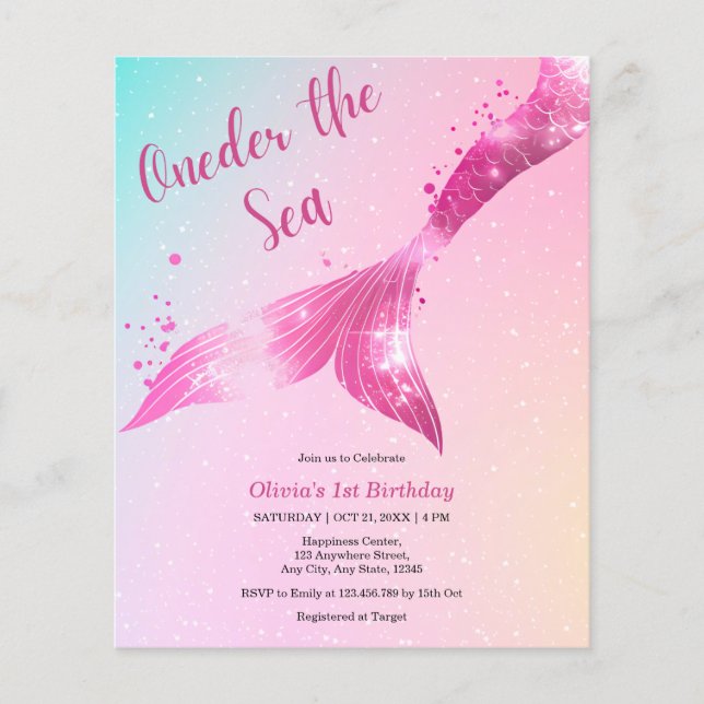 Budget Onder the Sea Mermaid 1st Birthday Invite  (Front)