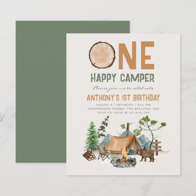 Budget One Happy Camper Woodland 1st Birthday  (Front/Back)
