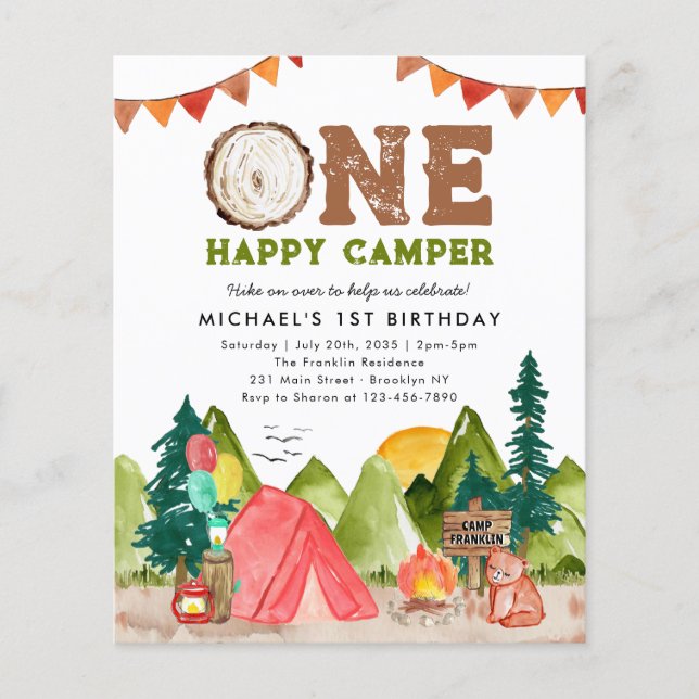 Budget One Happy Camper Woodland Bear 1st Birthday (Front)