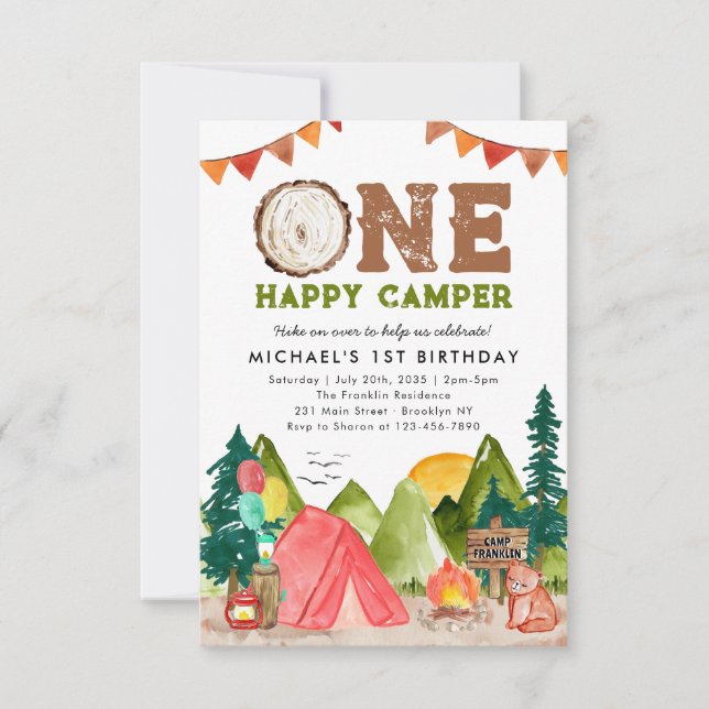 Budget One Happy Camper Woodland Bear 1st Birthday Card (Front)