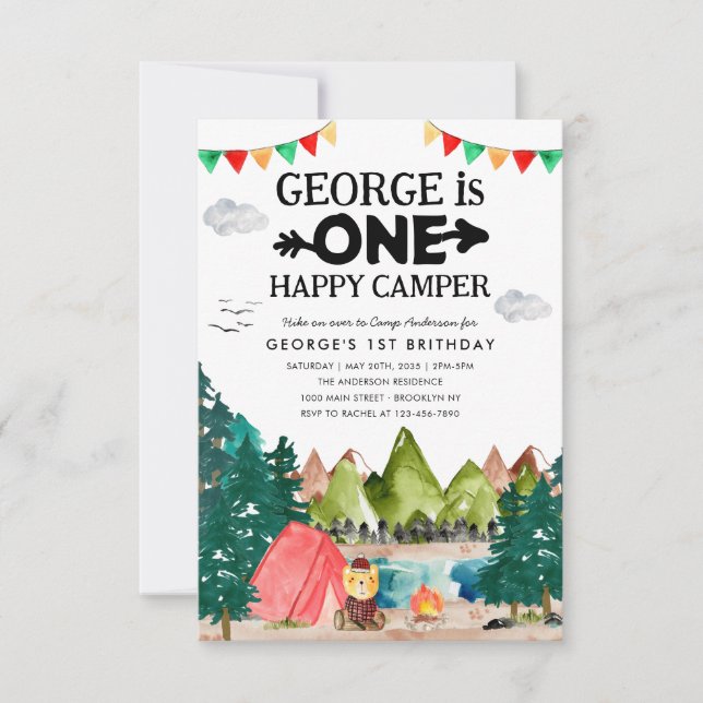 Budget ONE Happy Camper Woods Camping 1st Birthday Card (Front)