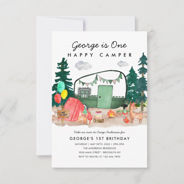 Budget ONE Happy Camper Woods Camping 1st Birthday Card (Front)