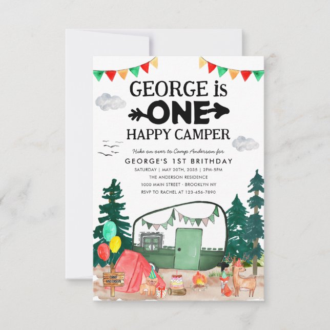Budget ONE Happy Camper Woods Camping 1st Birthday Card (Front)