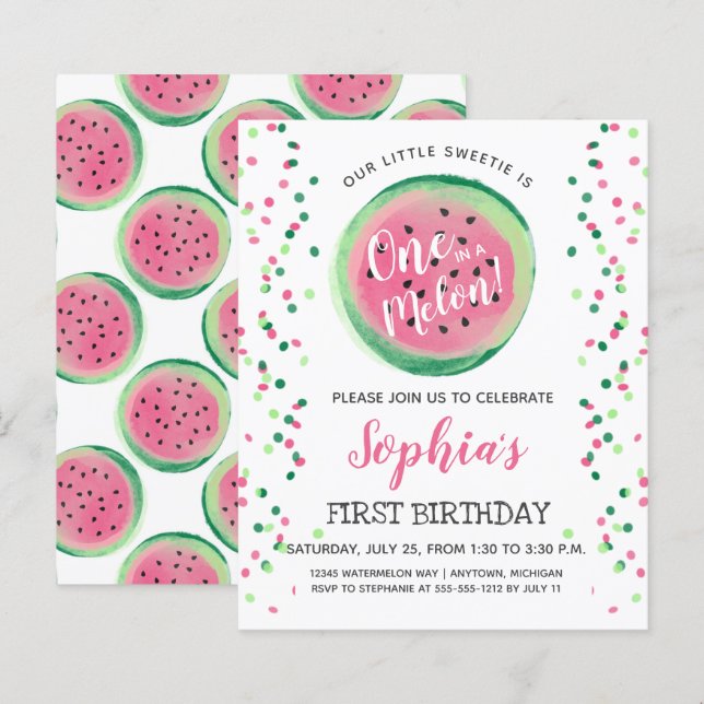 Budget One in a Melon 1st Birthday Invitation (Front/Back)