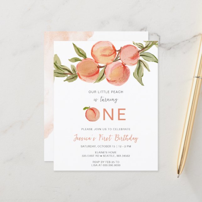Budget One Sweet Peach First Birthday Invitation (Front/Back In Situ)