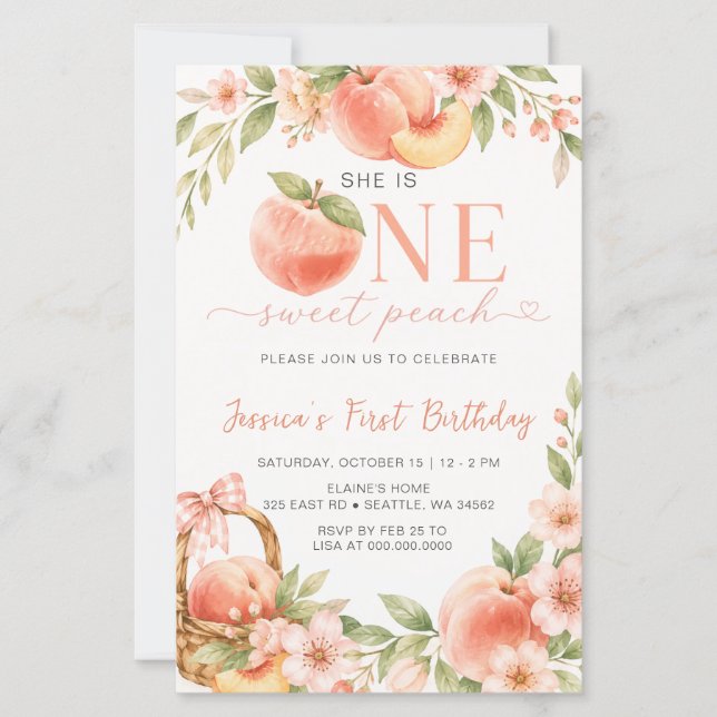 Budget One Sweet Peach First Birthday Invite (Front)
