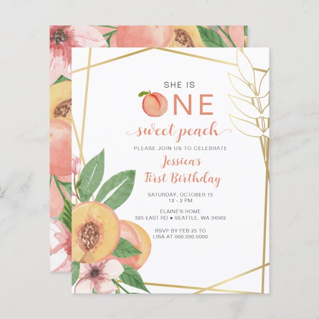 Budget One Sweet Peach First Birthday photo Invite (Front/Back)