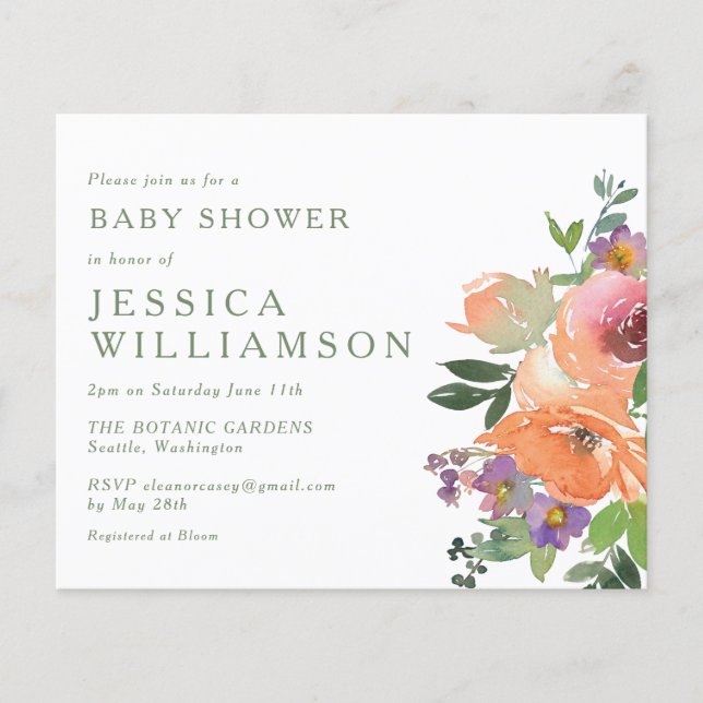 Budget Orange Floral Art Baby Shower Invite (Front)