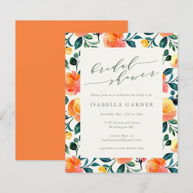 Budget Orange Floral Art Bridal Shower Invite (Front/Back)