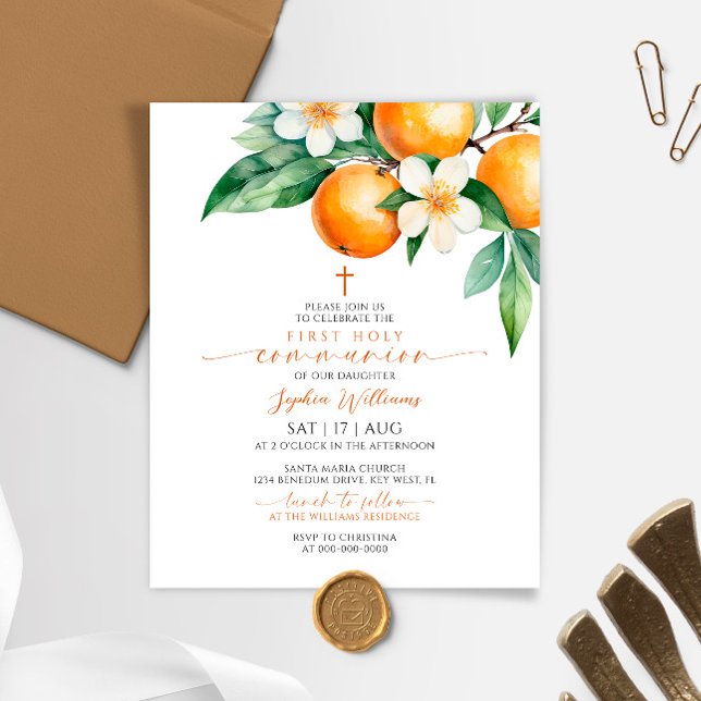 Budget Orange Floral First Communion Invitation (Creator Uploaded)