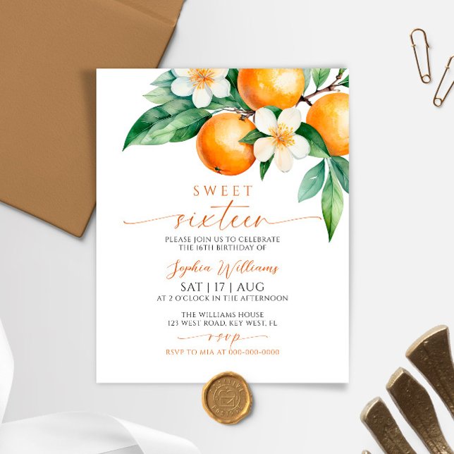 Budget Orange Floral Sweet 16 Birthday Invitation (Creator Uploaded)
