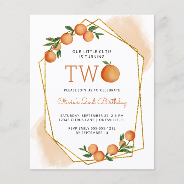 Budget Orange Little Cutie 2nd Birthday Invitation Flyer (Front)