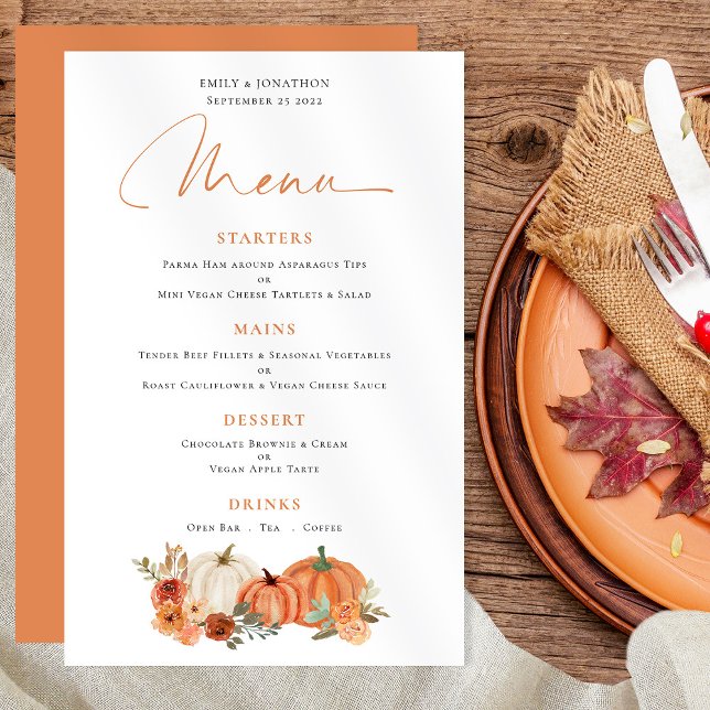Budget Orange Pumpkins Fall Florals Wedding Menu (Creator Uploaded)