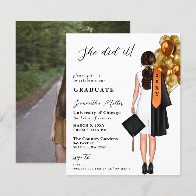 Budget Orange Simple Photo She Did It Graduation (Front/Back)