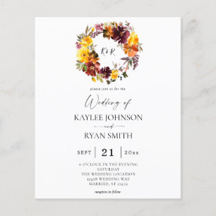 Budget Orange & Yellow Fall Floral 2 Wedding Flyer