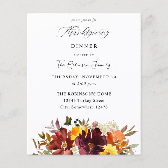 Budget Orange & Yellow Gold Floral Thanksgiving Flyer (Front)