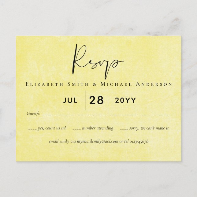 BUDGET Orange Yellow Script Wedding Postcard (Front)