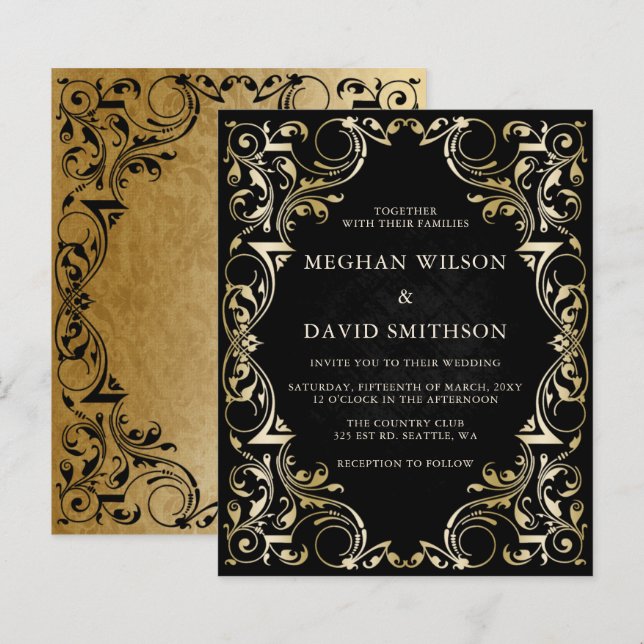 Budget Ornamental Black Gold Wedding Invitation (Front/Back)