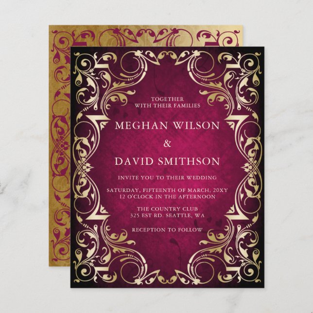 Budget Ornamental Pink Gold Wedding Invitation (Front/Back)