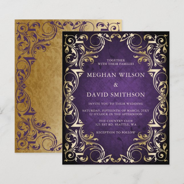 Budget Ornamental Purple Gold Wedding Invitation (Front/Back)