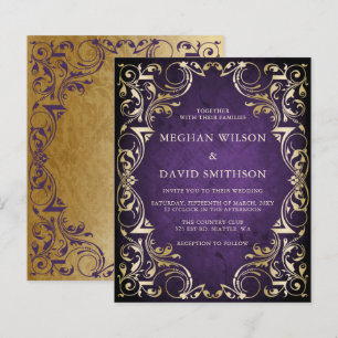 Budget Ornamental Purple Gold Wedding Invitation