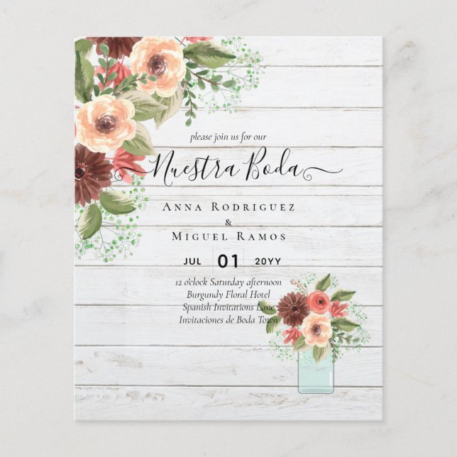 BUDGET Our BODA Burgundy Floral Fall Wedding Flyer (Front)