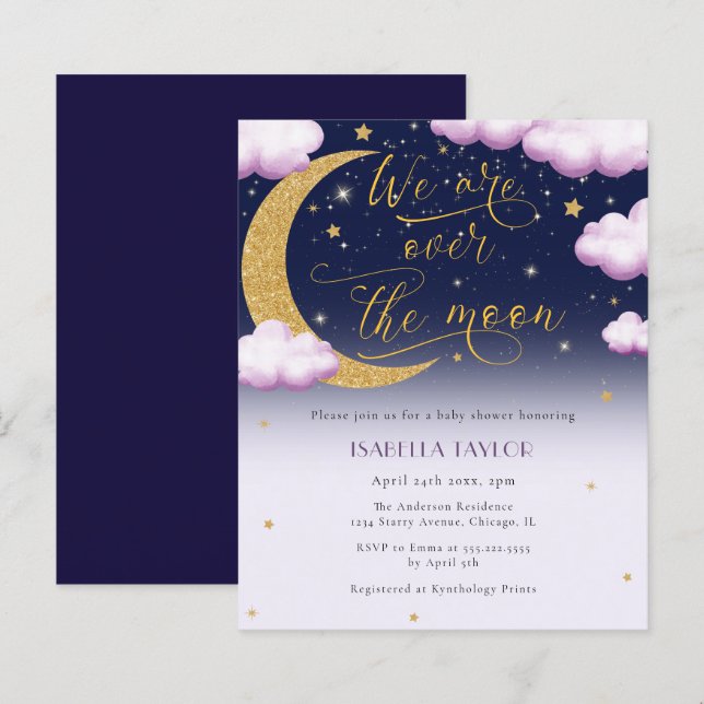 Budget Over the Moon Girl Baby Shower Invitation (Front/Back)