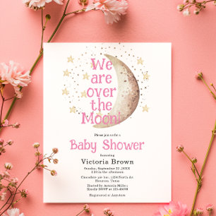Budget Over the Moon Pink Girl Baby Shower Card