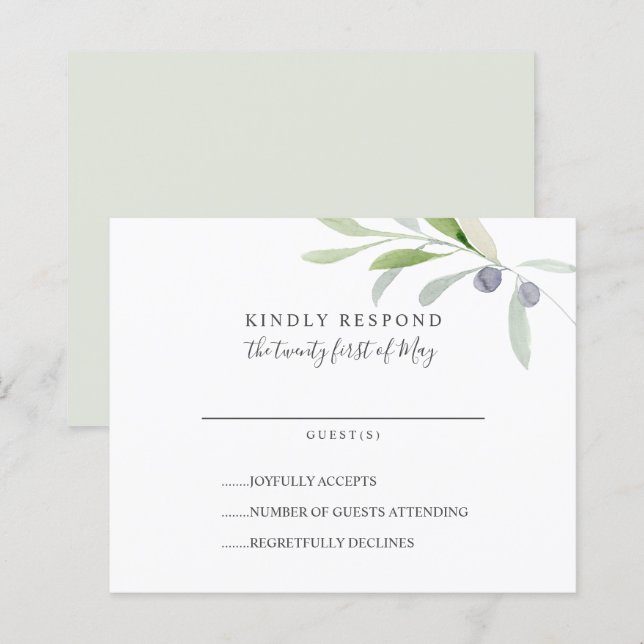 BUDGET Painted Olive  leaves branch Wedding RSVP (Front/Back)