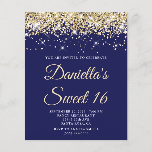 Budget Pale Gold Glitter Navy Sweet 16 Invite (Front)