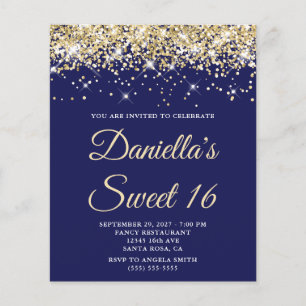 Budget Pale Gold Glitter Navy Sweet 16 Invite