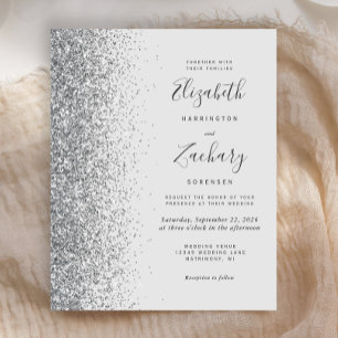 Budget Pale Grey Silver Glitter Wedding Invitation