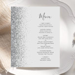 Budget Pale Grey Silver Glitter Wedding Menu<br><div class="desc">The left-hand edge of this elegant modern wedding menu features a silver faux glitter border. The customisable text combines charcoal grey handwriting script and copperplate fonts on a pale grey background. The reverse side features a matching grey and silver design.</div>
