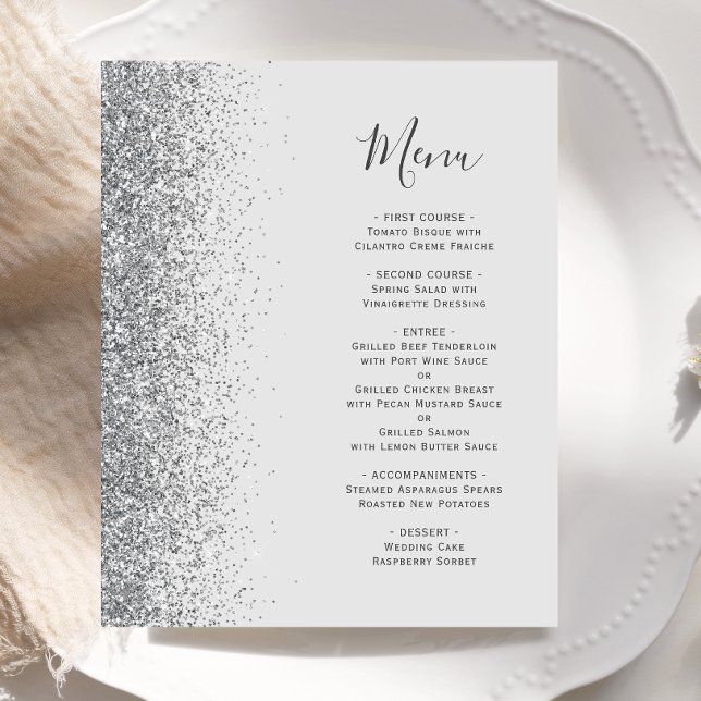 Budget Pale Grey Silver Glitter Wedding Menu (Creator Uploaded)