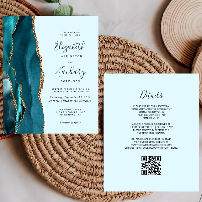 Budget Pale Teal Gold Agate QR Code Wedding (Creator Uploaded)