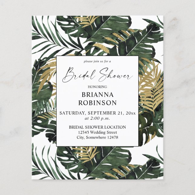 Budget Palm Leaf & Gold Bridal Shower Flyer (Front)