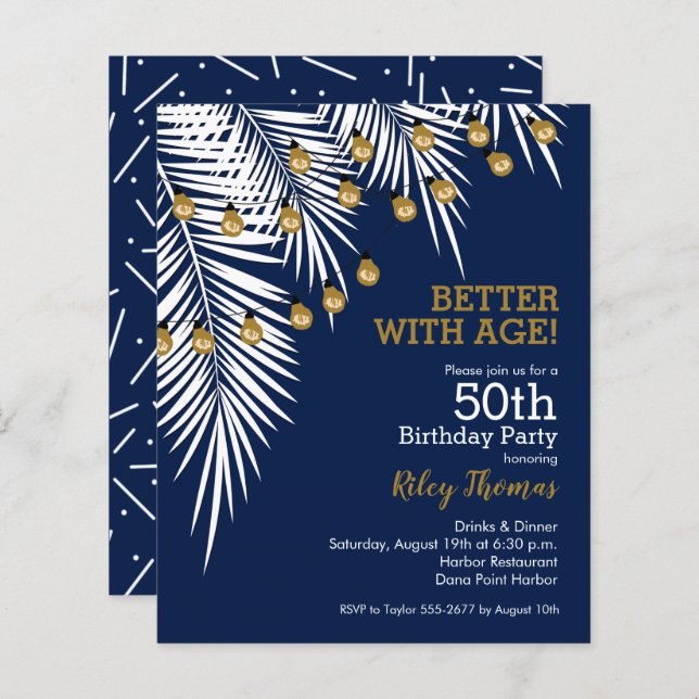 Budget Palm on Navy Blue 50th Birthday Invitations (Front/Back)