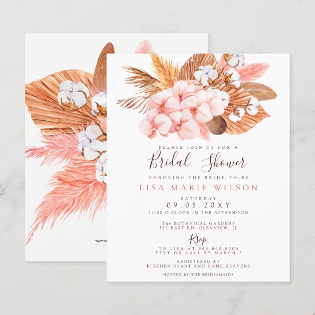 Budget Pampas Blush Bridal Shower Invitation (Front/Back)