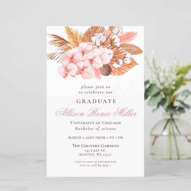 Budget Pampas Blush Graduation Party Invitation (Standing Front)