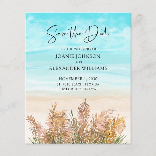 Budget Pampas Grass Beach Wedding Save the Date  (Front)