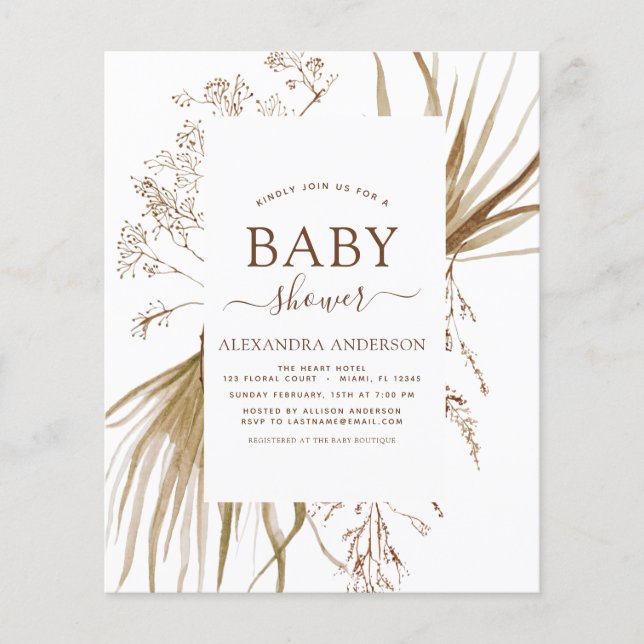 Budget Pampas Grass Bohemian Boho Baby Shower Flyer (Front)