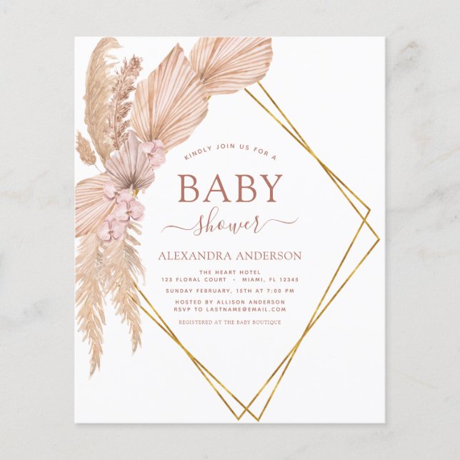 Budget Pampas Grass Boho Baby Shower Invitation Flyer (Front)