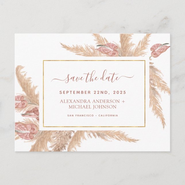 Budget Pampas Grass Boho Save the Date Postcard (Front)