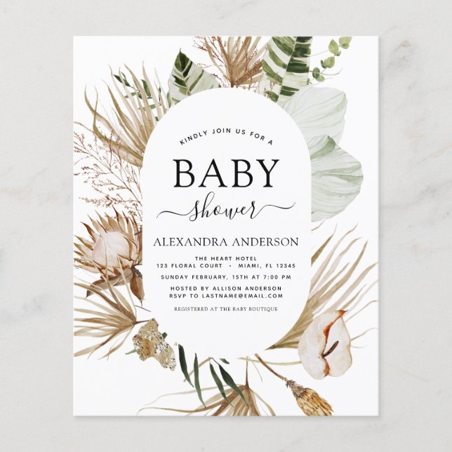 Budget Pampas Grass Boho Tropical Baby Shower Flyer (Front)