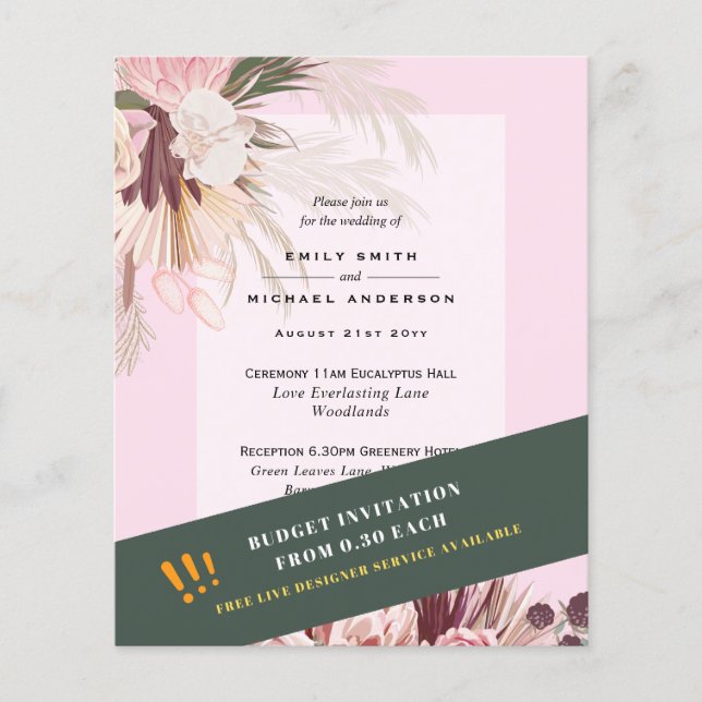 BUDGET Pampas Grass Burgundy Pink Wedding Invites Flyer (Front)