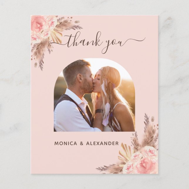 Budget pampas grass photo blush wedding thank you (Front)